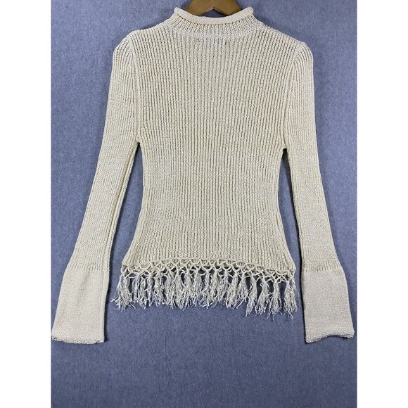 Marco G Sweater Womens Large Beige Fringe Macrame Mock Turtleneck Pullover Boho - Picture 9 of 16